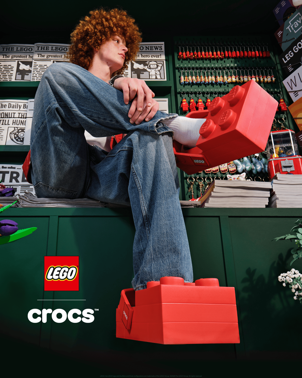 Promotional image of the new Crocs clogs shaped like LEGO bricks