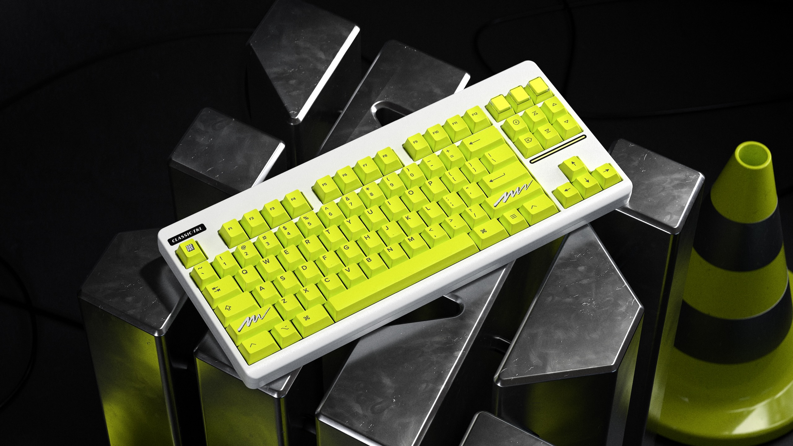 Glamour shot of MVKB&rsquo;s Hi! Vix keycaps on a white keyboard